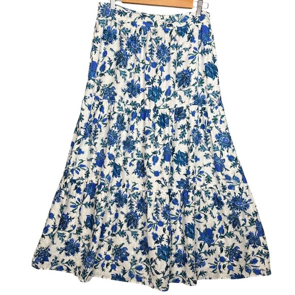 Nicole Miller Linen Blend Floral Tiered Maxi Skirt Medium Blue White Preppy Boho - Picture 1 of 9